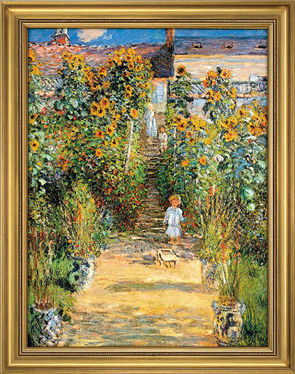 Impressionistisches Gemälde eines Kindes und eines kleinen Hundes auf einem von Sonnenblumen gesäumten Gartenweg mit Stufen und einem Haus.