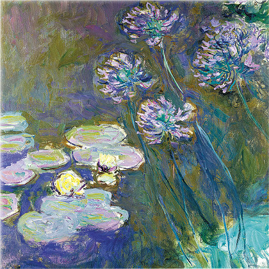 Impressionistisches Gemälde von violetten Blumen und grünen Seerosen auf dem Wasser, mit weichen, lebendigen Pinselstrichen.