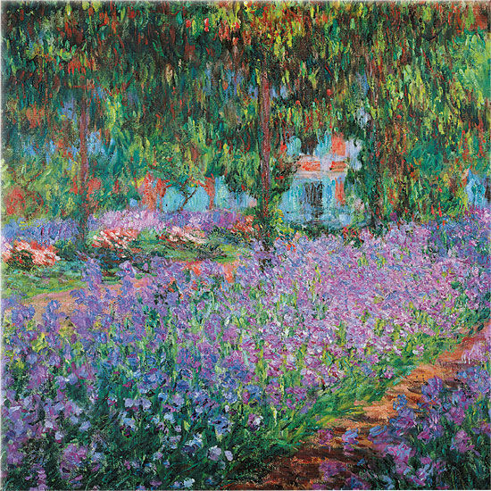 Impressionistisches Gemälde eines üppigen Gartens voller lila Blumen und Grünpflanzen, mit einem Haus im Hintergrund.