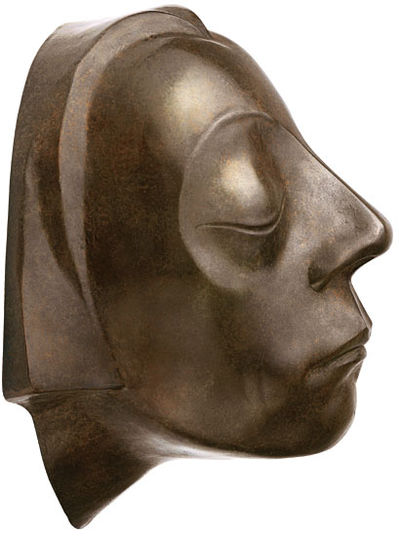 Bronzeskulptur eines stilisierten menschlichen Gesichts im Profil, mit geschlossenen Augen und glatten, abstrakten Zügen.