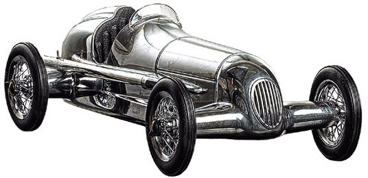 Glänzender Vintage-Rennwagen mit freiliegenden Speichenrädern und stromlinienförmiger silberner Karosserie, von vorne betrachtet.