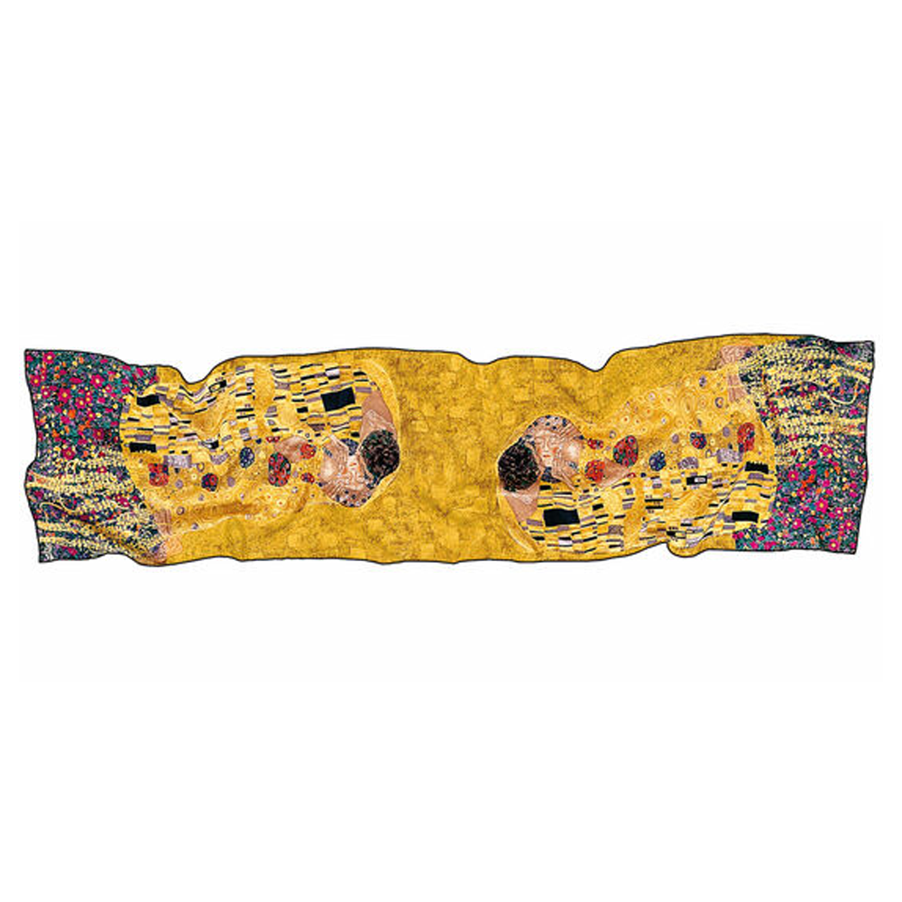 Ein rechteckiger Schal mit einem abstrakten Design in Gelb und Gold, inspiriert von Gustav Klimts „Der Kuss“.