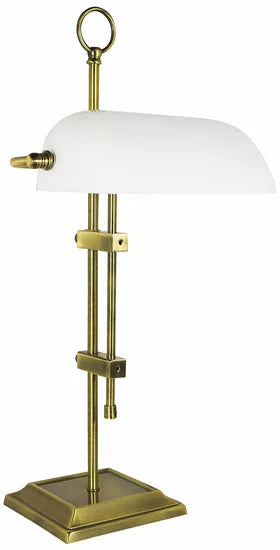 Bankerlampe mit verstellbarem Messingdesign, weißem Glasschirm und quadratischem Sockel.
