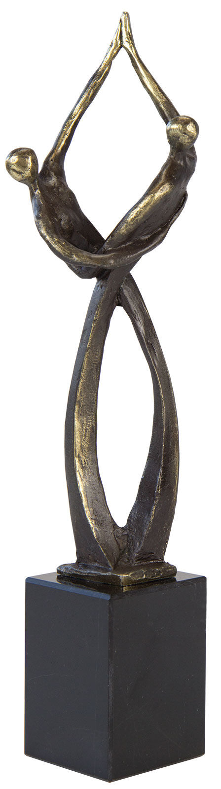 Bronzeskulptur zweier abstrakter menschlicher Figuren, die balancieren und sich an den Händen berühren, montiert auf einem schwarzen rechteckigen Sockel.