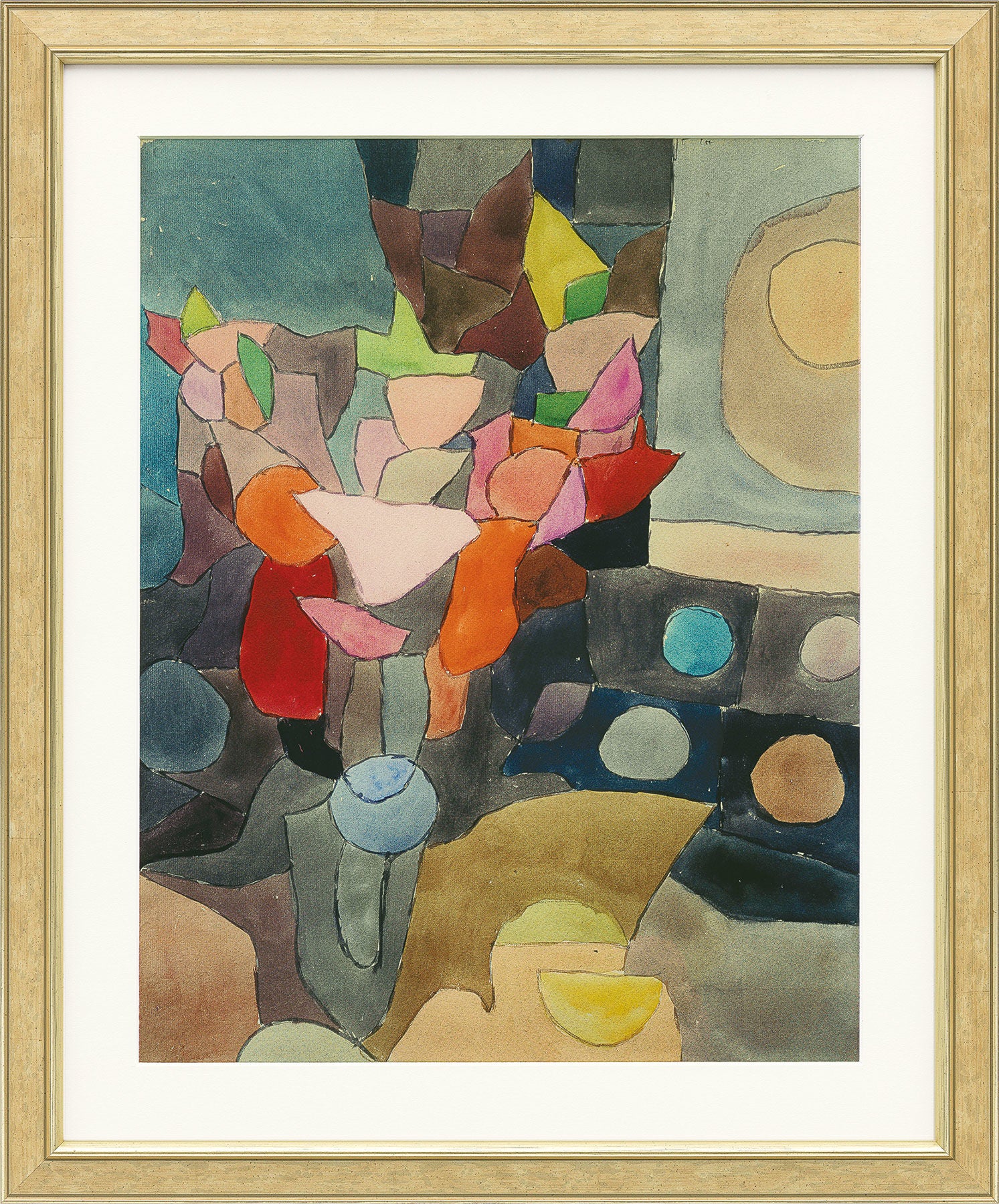Abstraktes Aquarellgemälde von bunten Blumen in einer Vase mit geometrischen Formen und gedämpftem Hintergrund.