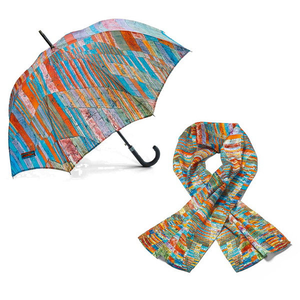 Ein bunt gestreifter Regenschirm und ein passender Schal mit lebendigen abstrakten Mustern auf weißem Hintergrund.