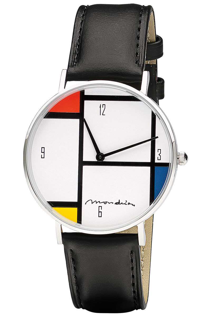Armbanduhr mit einem von Mondrian inspirierten Zifferblatt mit roten, gelben und blauen Quadraten und einem schwarzen Lederarmband.