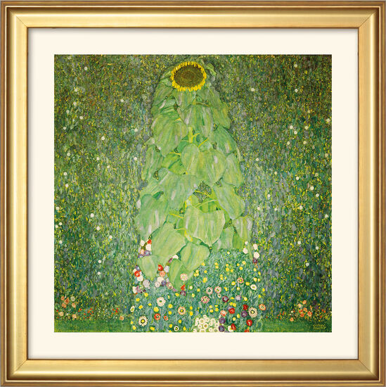 Eine große Sonnenblume, umgeben von dichten grünen Blättern und bunten Blüten, eingerahmt in Gold.
