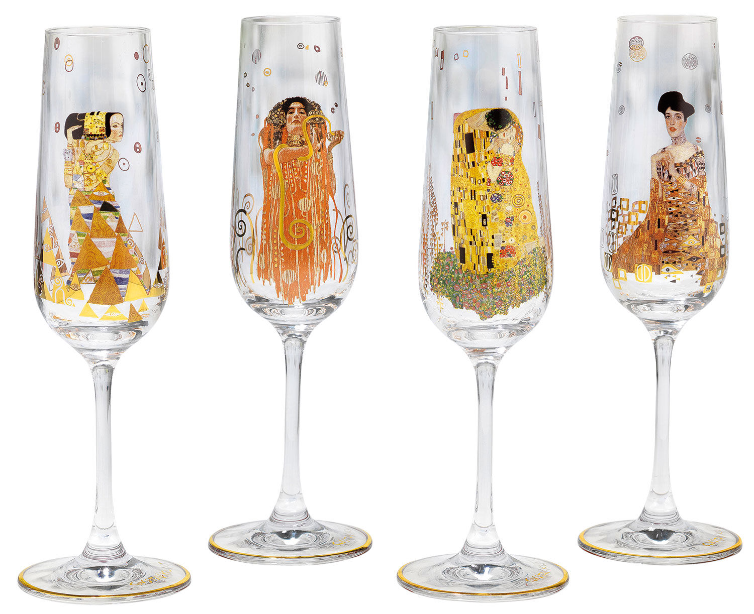 Vier Champagnerflöten, verziert mit Gold und farbenfroher Kunst, inspiriert von den berühmten Gemälden Gustav Klimts.