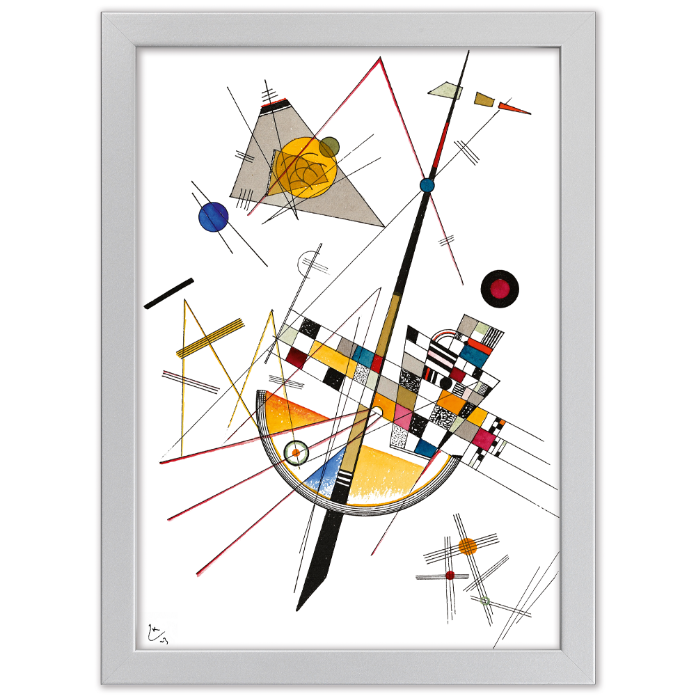 Abstraktes geometrisches Kunstwerk mit bunten Formen, Linien und Mustern auf weißem Hintergrund in einem weißen Rahmen.