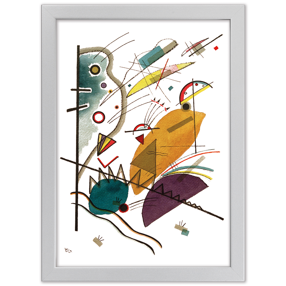 Abstrakte Kunst mit farbenfrohen geometrischen Formen, Linien und Kurven, eingerahmt in einem einfachen weißen Rahmen.