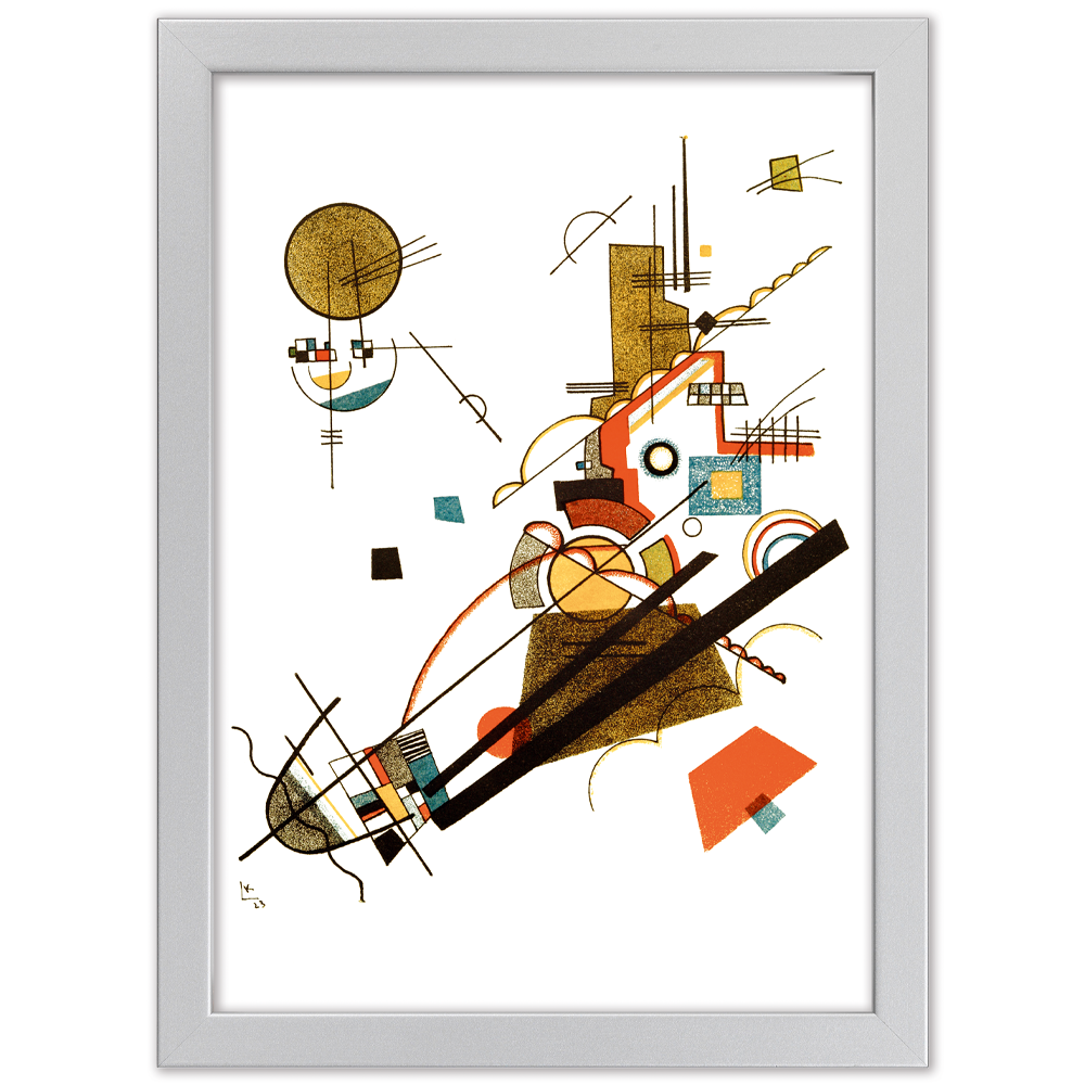 Abstraktes geometrisches Kunstwerk mit Kreisen, Linien, Rechtecken und Formen in Gold-, Schwarz-, Rot- und Blaugrüntönen.