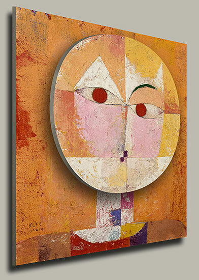 Abstraktes Porträt eines Gesichts mit geometrischen Formen und warmen Farben, inspiriert vom Kunststil von Paul Klee.