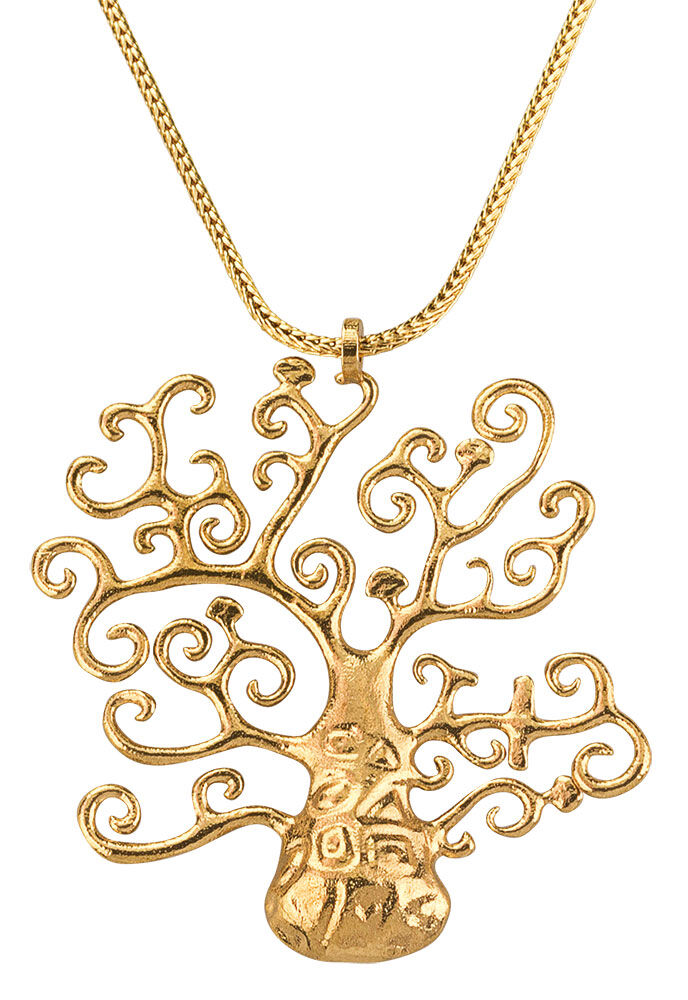 Goldene Halskette mit einem Anhänger in Form eines abstrakten Baums mit lockigen Zweigen.
