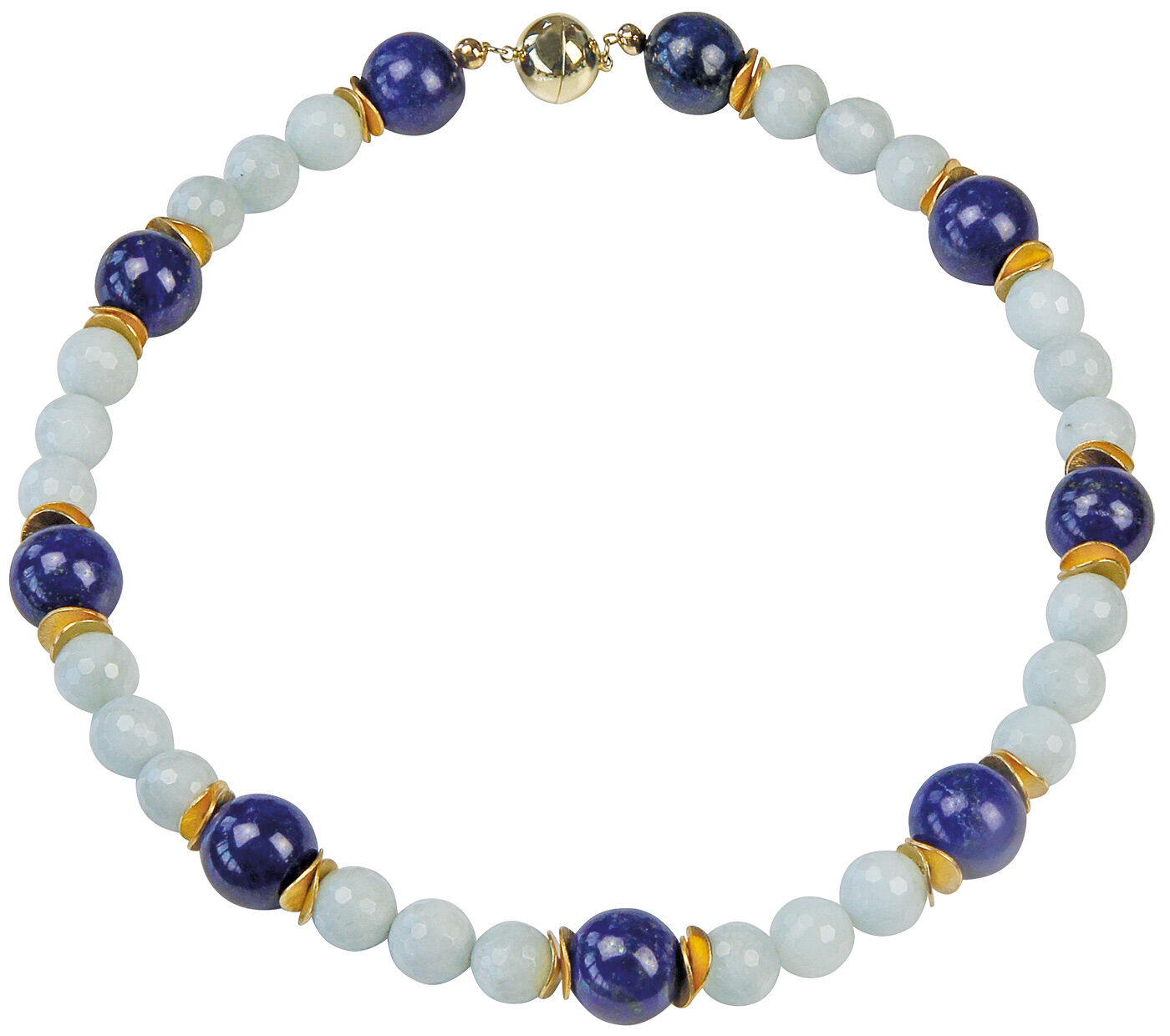 Perlenkette mit abwechselnd hellblauen und dunkelblauen Perlen, getrennt durch goldene Akzente und einen goldenen Verschluss.