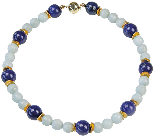 Perlenkette mit abwechselnd hellblauen und dunkelblauen Perlen, getrennt durch goldene Akzente und einen goldenen Verschluss.