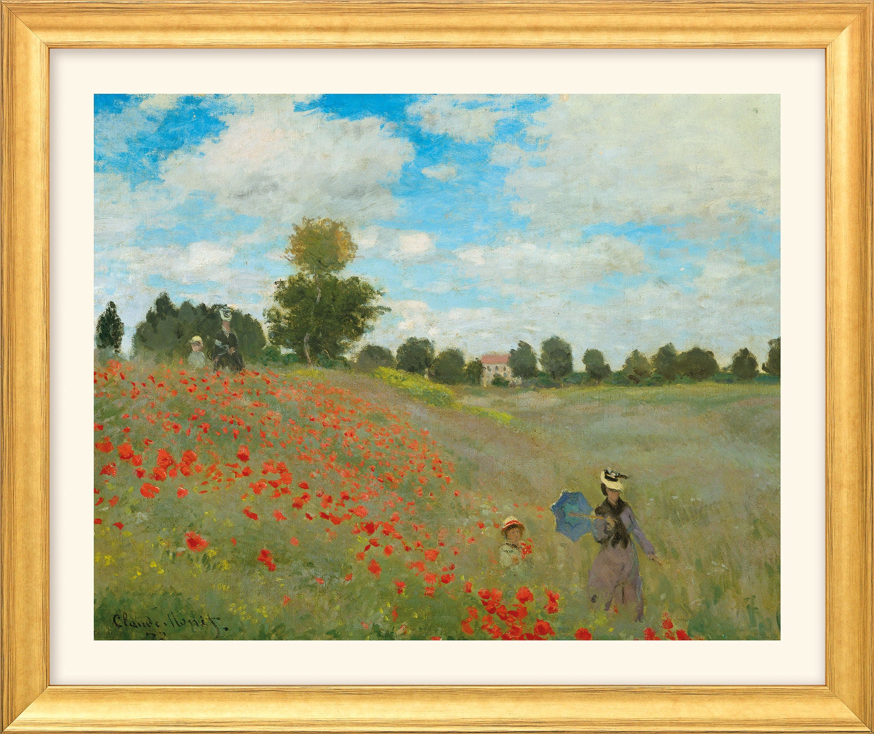 Impressionistisches Gemälde von Menschen, die unter einem blauen Himmel mit vereinzelten Wolken durch ein Mohnfeld gehen.