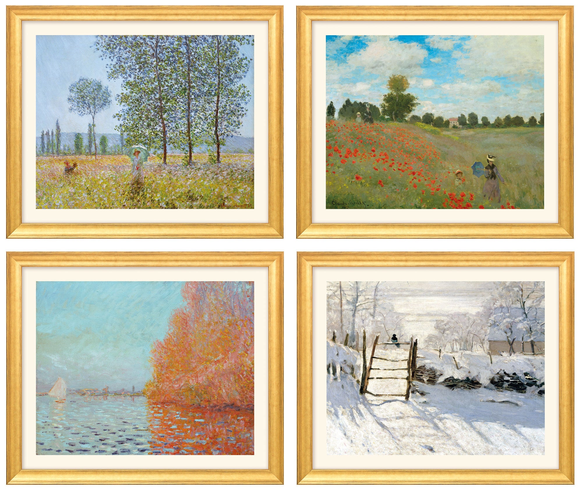 Vier gerahmte Gemälde von Monet, jedes zeigt eine andere Jahreszeit in lebendigen Landschaften im Freien.