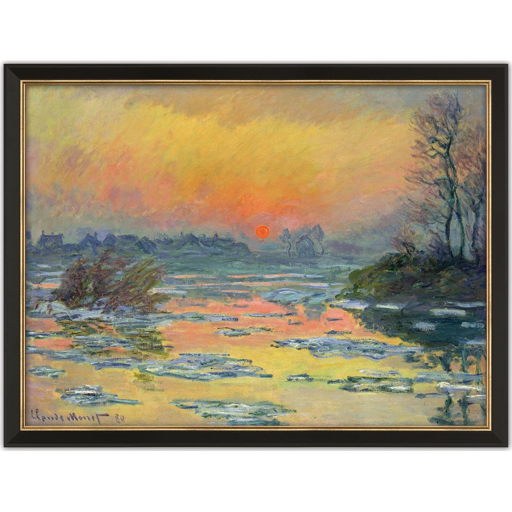Impressionistisches Gemälde eines Sonnenuntergangs über einem Fluss mit schwimmendem Eis, Bäumen und Häusern in der Ferne.