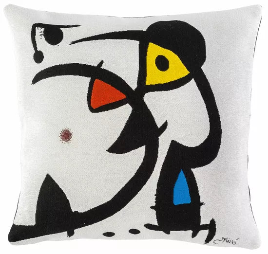 Weißer Kissenbezug mit abstrakten schwarzen Linien und roten, gelben und blauen Formen im Stil von Joan Miró. Basierend auf "Zwei Personen und ein Vogel" (1976).