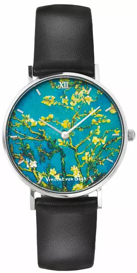 Armbanduhr mit schwarzem Armband und einem Zifferblatt mit Van Goghs Mandelblütengemälde.