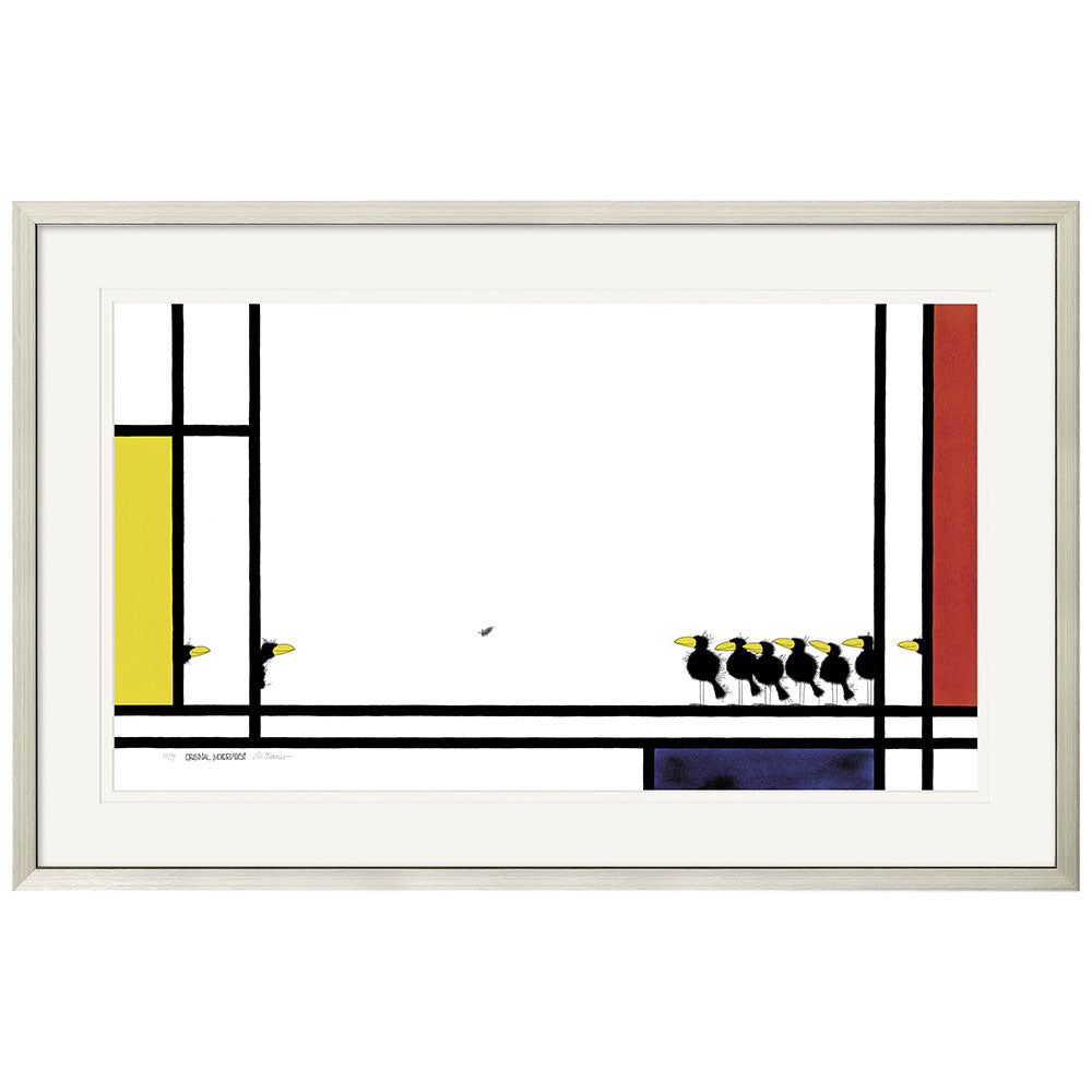 Minimalistischer Kunstdruck mit schwarzen Linien, gelben, roten und blauen Blöcken und kleinen Vogelfiguren links und rechts.