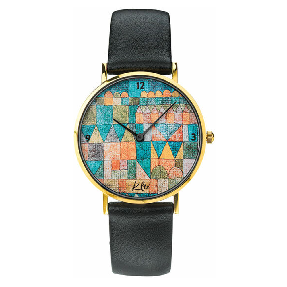 Armbanduhr mit farbenfrohem abstrakt-geometrischem Zifferblatt und schwarzem Lederarmband.