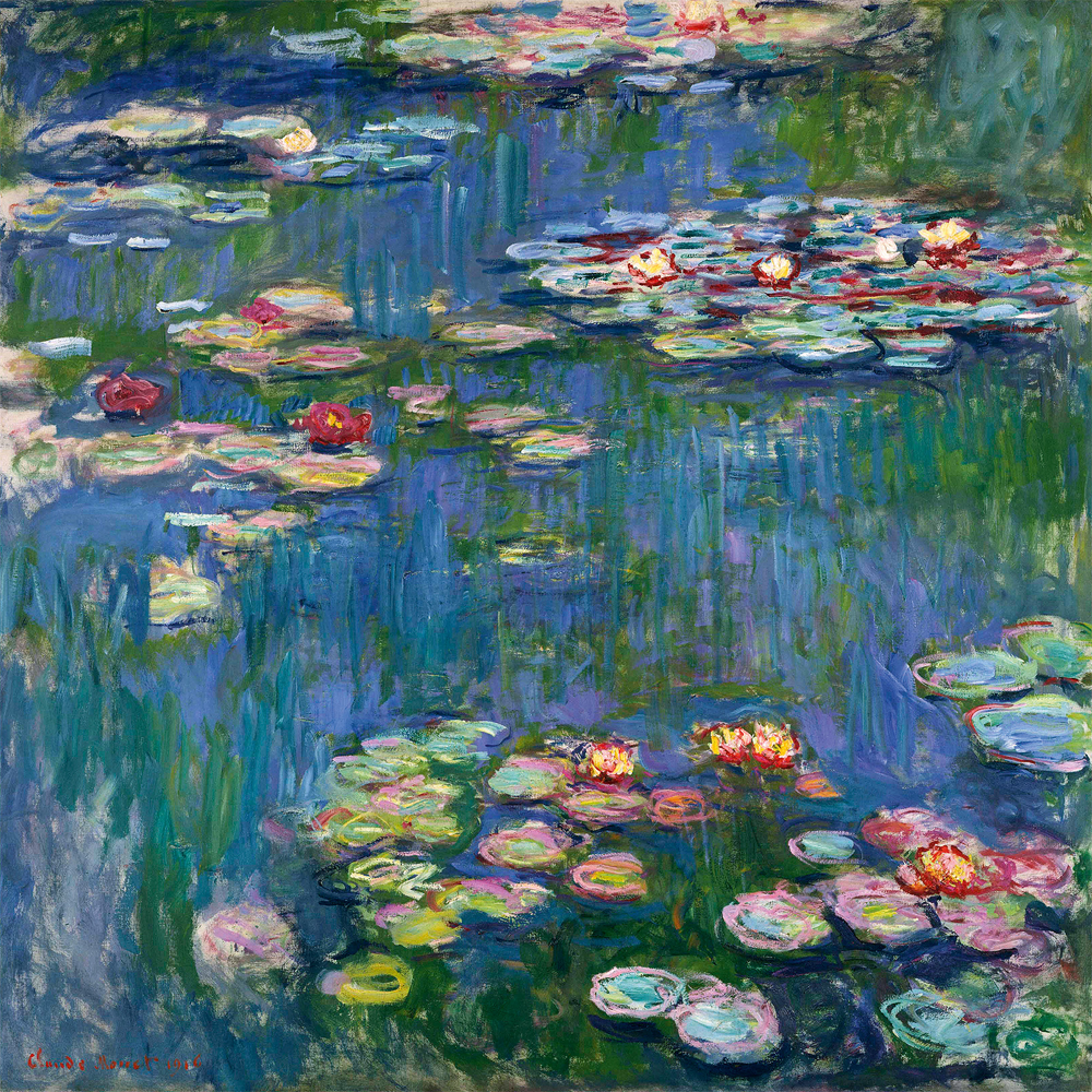 Impressionistisches Gemälde von Seerosen auf einem Teich mit Spiegelungen von Himmel und Laub in leuchtenden Farben.