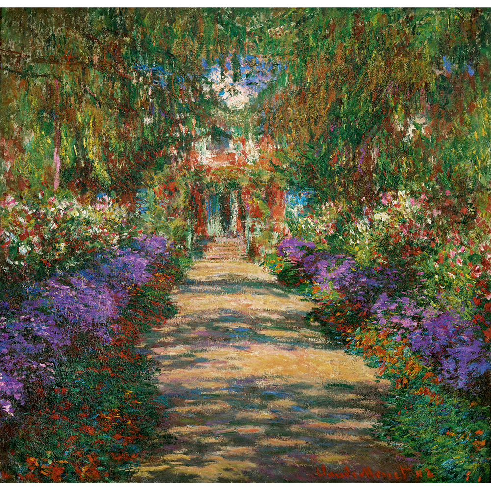 Ein sonnenbeschienener Gartenweg, gesäumt von leuchtenden Blumen und Grünpflanzen, gemalt im impressionistischen Stil.