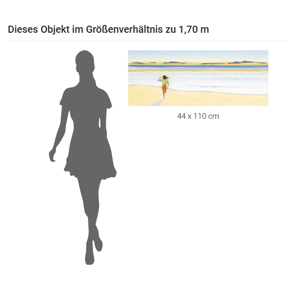 Silhouette einer Frau neben einem Gemälde einer Strandszene, das einen Größenvergleich in 1,7 Metern Höhe zeigt.