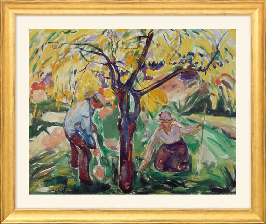 Zwei Menschen, die unter einem Baum im Garten arbeiten, umgeben von leuchtendem Laub, dargestellt in einem Gemälde im impressionistischen Stil.