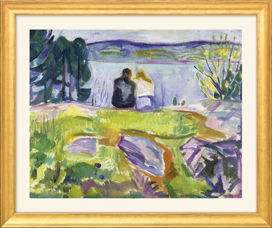 Zwei Menschen sitzen nebeneinander an einem See, umgeben von leuchtenden Bäumen und Gras in einem impressionistischen Stil.