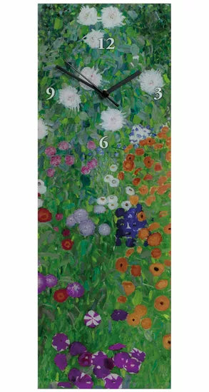 Rechteckige Wanduhr namens Gustav Klimt: Wanduhr „Bauerngarten“ mit farbenfrohem Blumengarten-Design und schwarzen Zeigern.