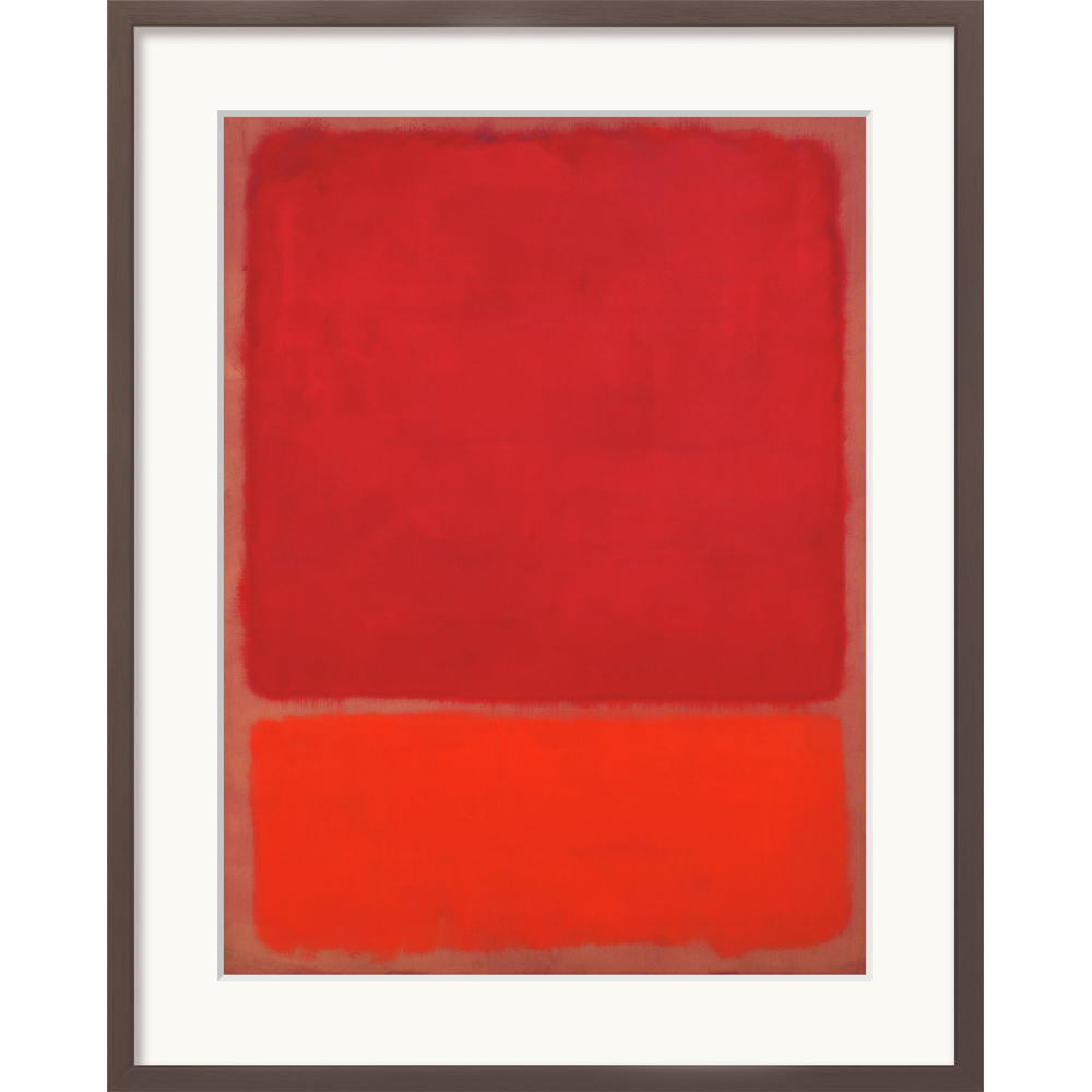 Mark Rothko: Bild „Untitled (Red, Orange)“ (1968) zeigt zwei verschwommene Rechtecke – tiefes Rot über Orange – gerahmt in Weiß und Braun.
