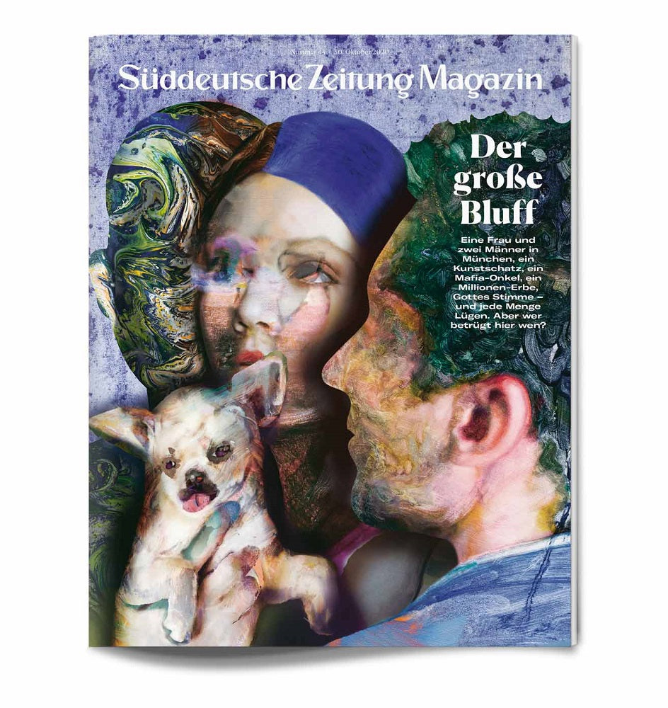 Abstraktes Magazin-Cover mit gemischten Gesichtern, einer Frau, die einen kleinen Hund hält, und fettgedrucktem deutschen Text auf der rechten Seite.