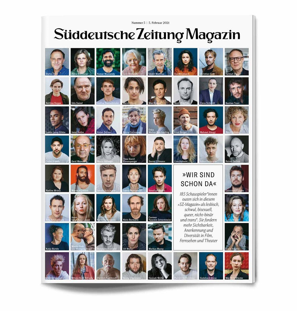 Titelseite des Süddeutsche Zeitung Magazins mit einem Raster aus 56 verschiedenen Personenfotos vor blauem Hintergrund.