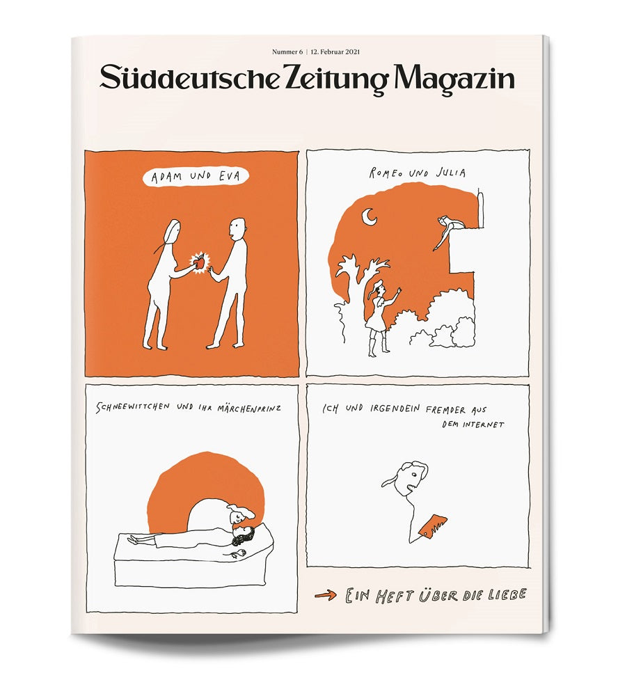 Magazinumschlag mit vier Cartoon-Panels, die sich auf berühmte Liebesgeschichten beziehen, mit einfachen Figuren und orangefarbenen Akzenten.