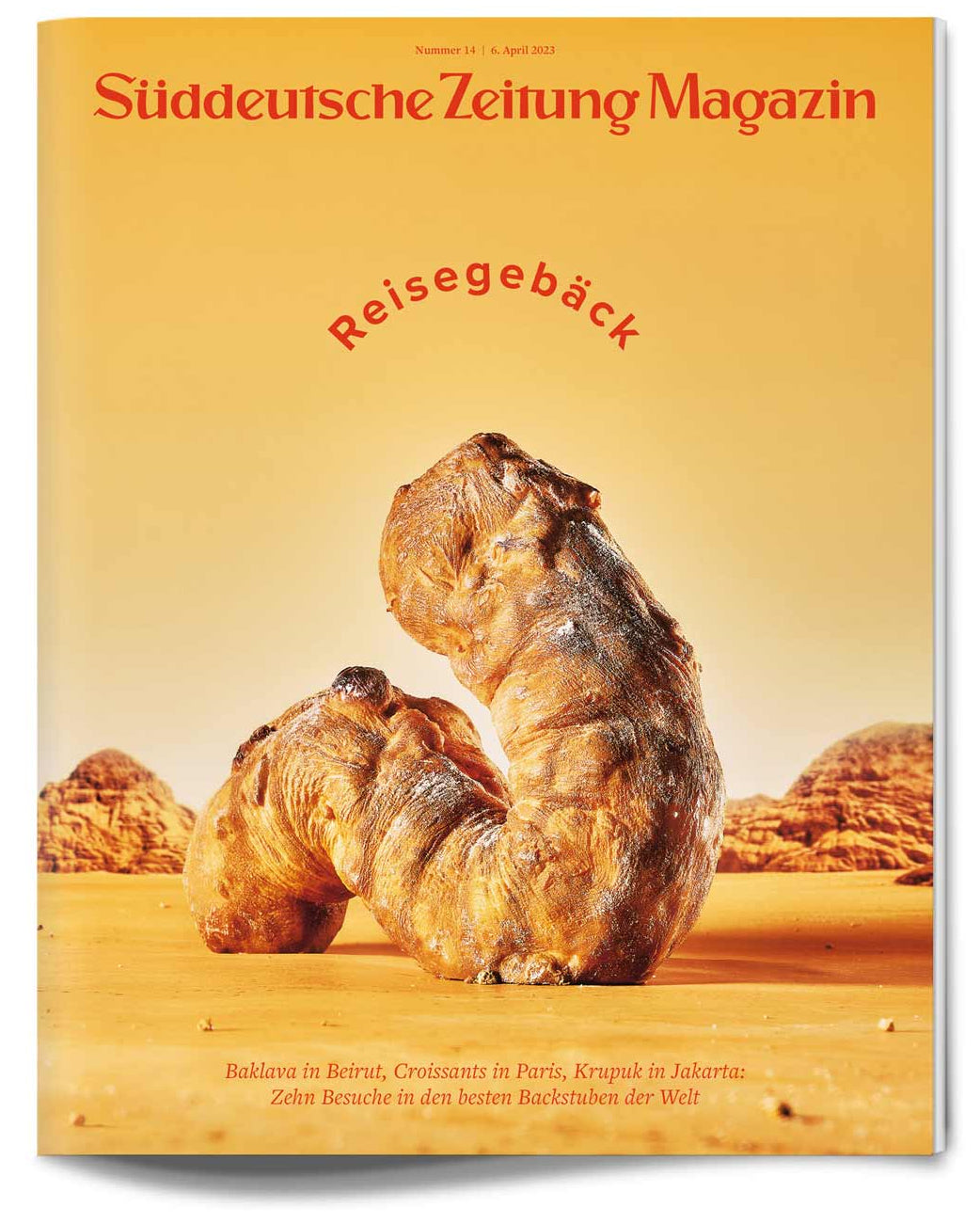 Ein großes Hörnchen in Form eines Kamels steht in einer Wüstenlandschaft unter dem Titel "Süddeutsche Zeitung Magazin.".