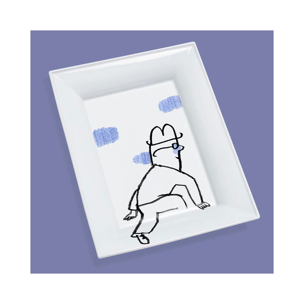 Eine rechteckige Vide Poche „Au revoir“ mit einer Comicfigur und blauen Wolken auf violettem Hintergrund.
