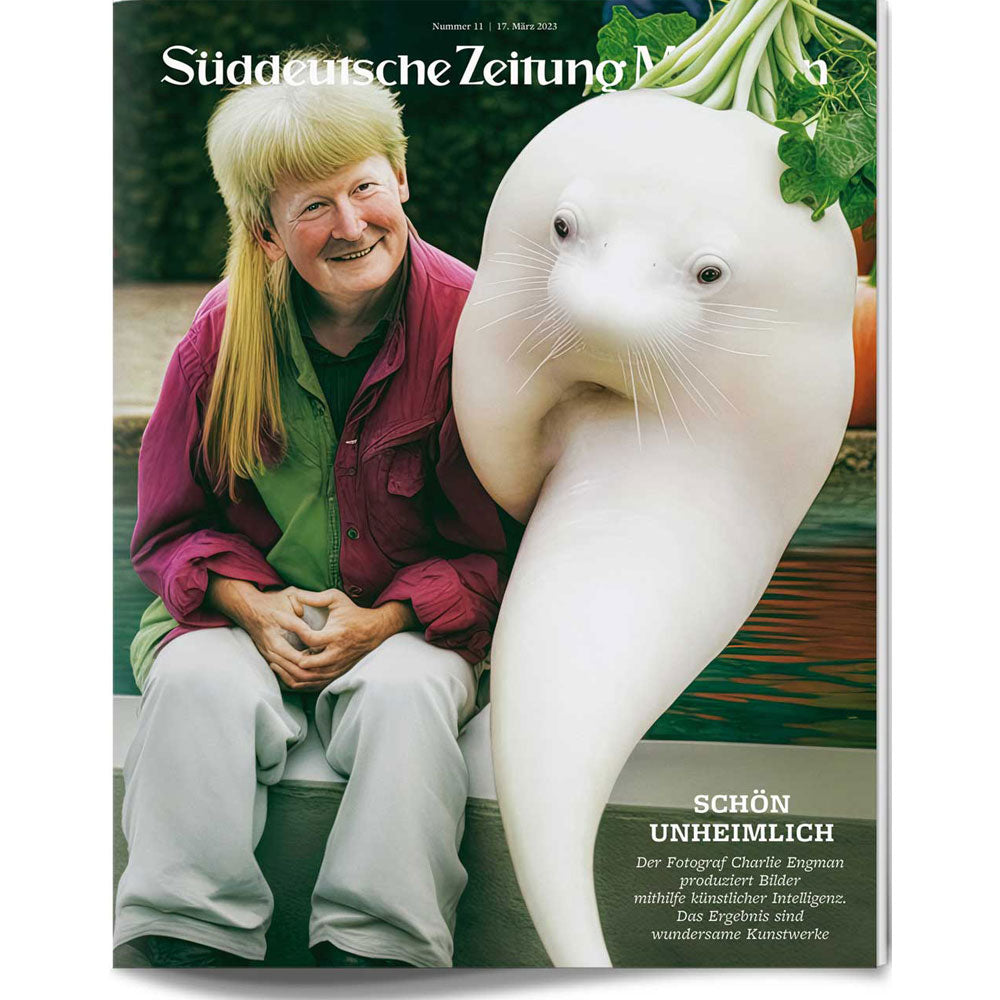 Eine lächelnde Person mit Pferdeschwanz sitzt neben einem großen, menschenähnlichen weißen Rettich mit einem Gesicht auf einem Zeitschriftencover.