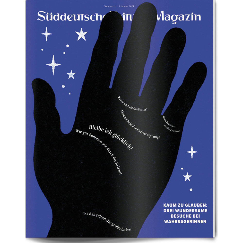 Eine schwarze Silhouette einer Hand mit deutschem Text auf blauem Hintergrund mit weißen Sternen.