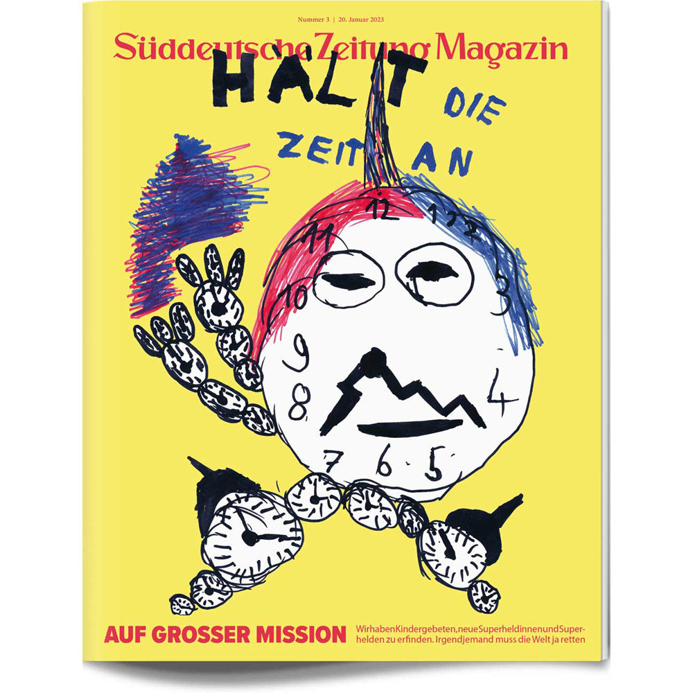 Eine Kinderzeichnung einer Uhr mit Uhren als Arme und Beine auf einem gelben Umschlag des Süddeutsche Zeitung Magazins.