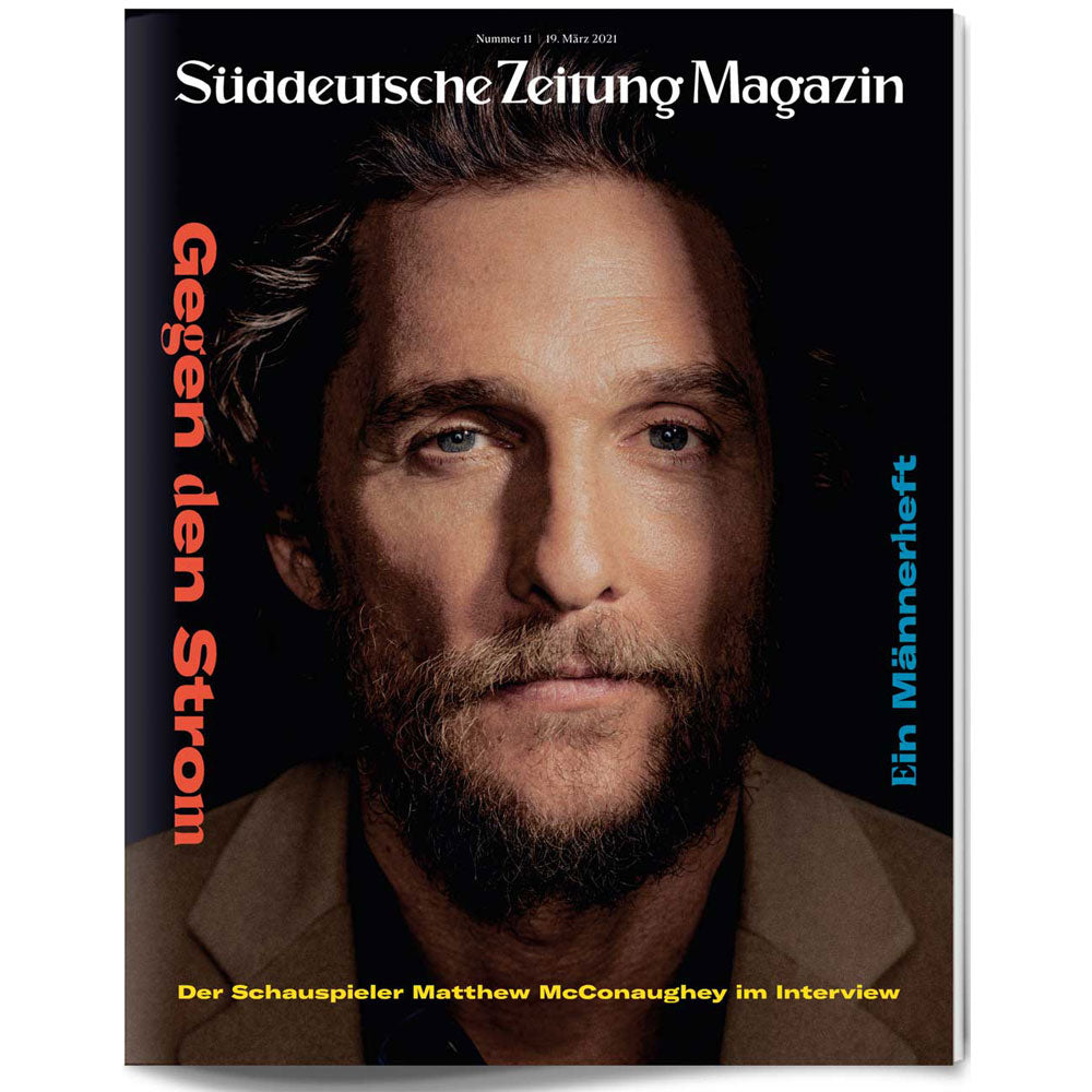 Nahaufnahme eines bärtigen Mannes auf der Titelseite des Süddeutsche Zeitung Magazins, mit deutschem Text auf beiden Seiten.