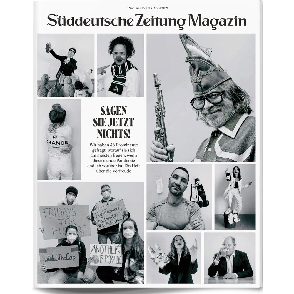 Collage aus Schwarz-Weiß-Porträts von Menschen, die posieren, protestieren und Schilder und Requisiten halten.