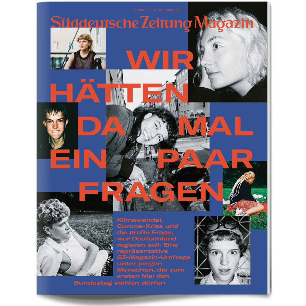 Magazinumschlag mit einer Collage von Jugendfotos und fettgedrucktem deutschem Text in Blau und Orange überlagert.