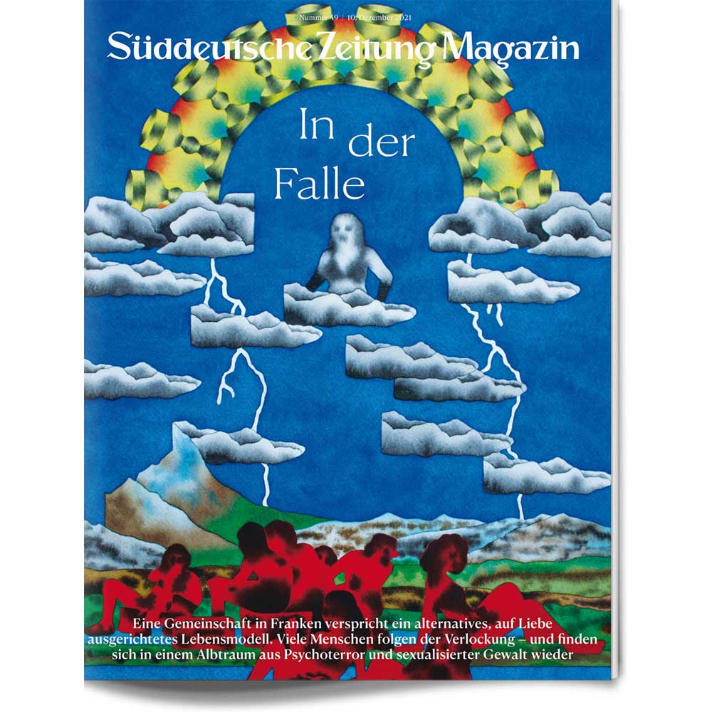 Titelbild: Taube gefangen in einem Labyrinth aus weißen Pfeilen am Himmel, darunter Menschen in Rot, darüber und darunter deutscher Text.