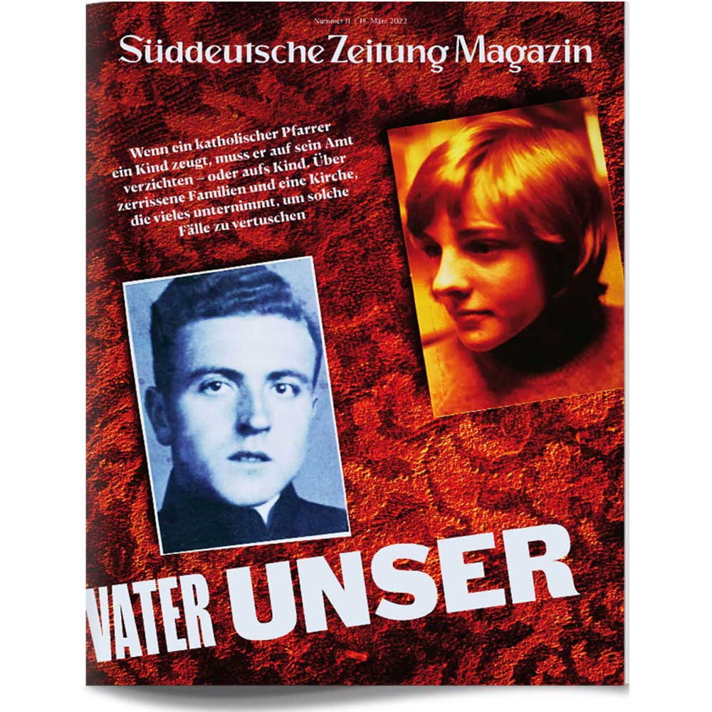 Zeitschriftenumschlag mit Fotos eines Mannes und einer Frau und dem fettgedruckten Text "Vater Unser" auf einem strukturierten roten Hintergrund.