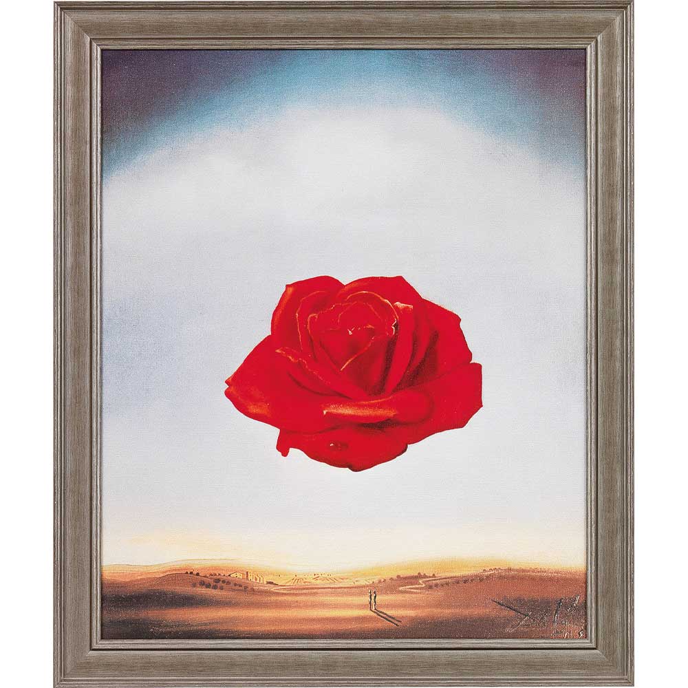 Eine große rote Rose schwebt am Himmel über einer kargen Landschaft mit winzigen Figuren in der Ferne.