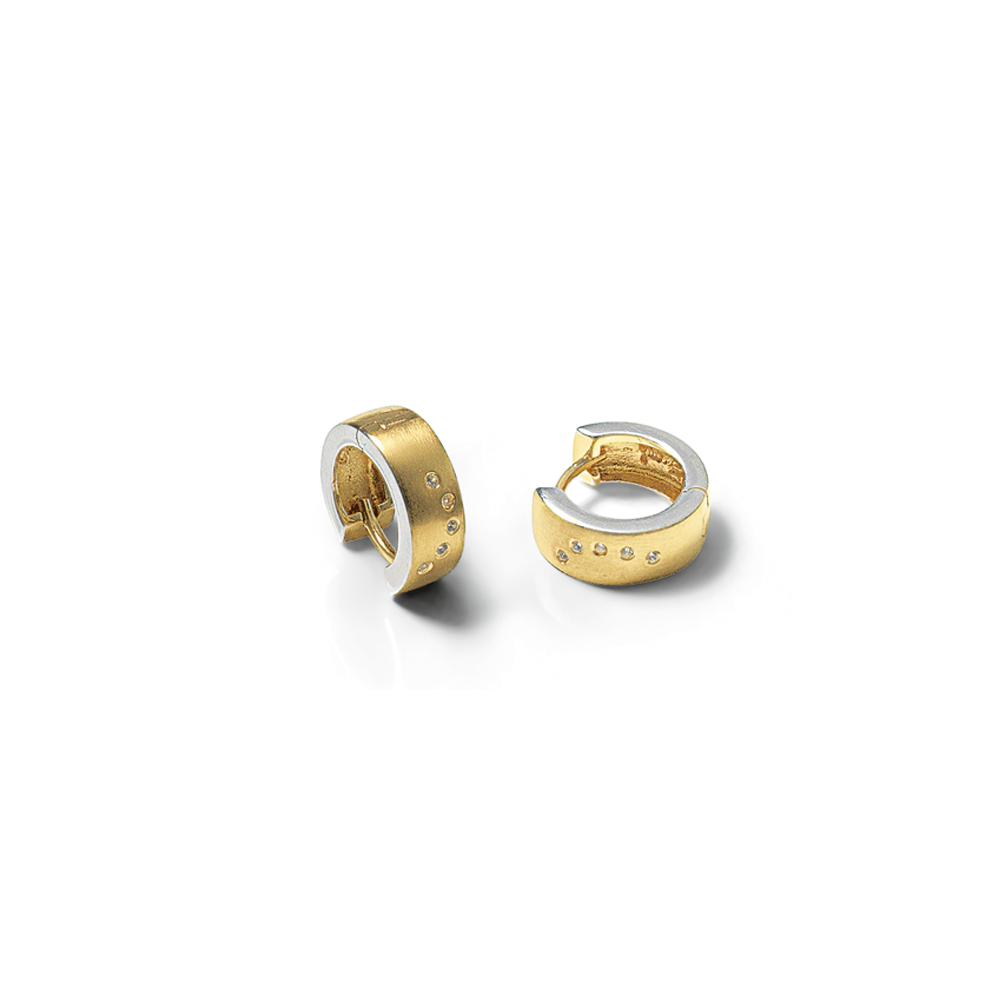 Paar Creolen aus Gold und Silber mit kleinen eingelegten Edelsteinen auf weißem Hintergrund.