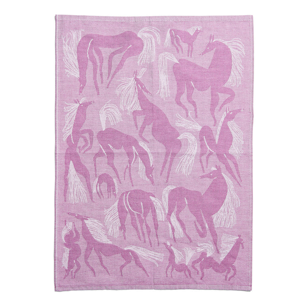 Ein rosa Textil mit abstrakten lila und weißen Pferdedesigns in verschiedenen Posen.